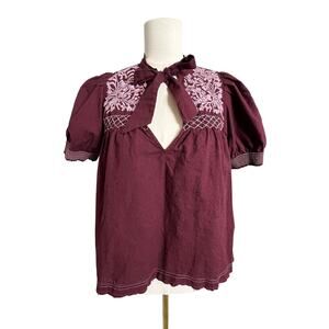 Floral Embroidered Tie Neck Tunic Blouse Burgundy Puff Sleeve Boho Cottagecore
